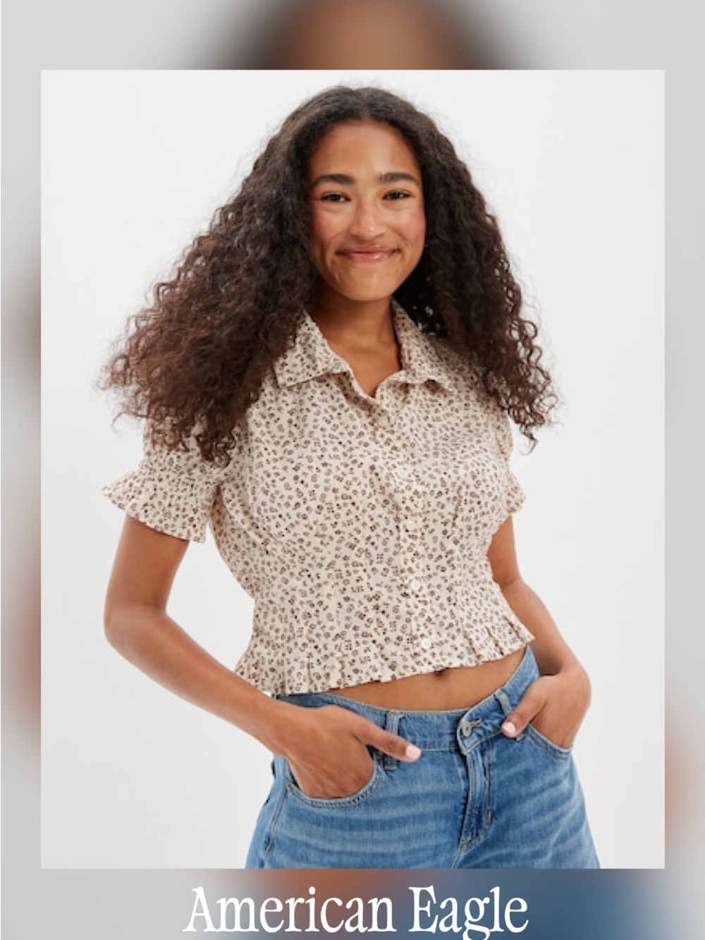 NEVER WORN- American Eagle Outfitters Cream Floral Short-Sleeve Button Crop Top